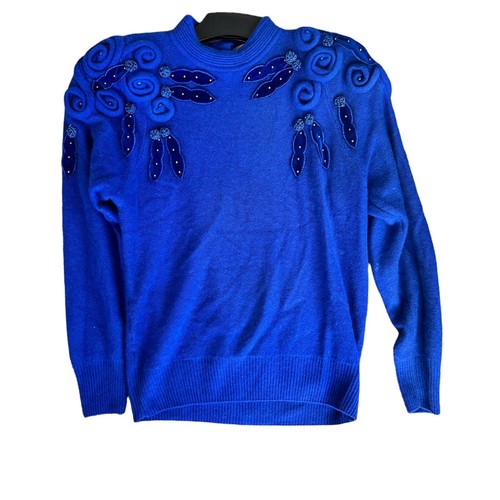 Vintage Cervelle Cobalt Blue Knit Beaded Sweater Size Medium Floral Shoulder Pad - Picture 14 of 19