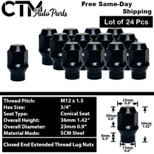 24Pc BLACK M12x1.5 EXTENDED THREAD ET STYLE LUG NUT FIT ALL CAPABLE MODELS