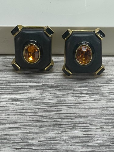 black squares w/ amber stones CLIP-ON EARRINGS VINTAGE REPLICA MADE IN ITALY - Picture 3 of 18