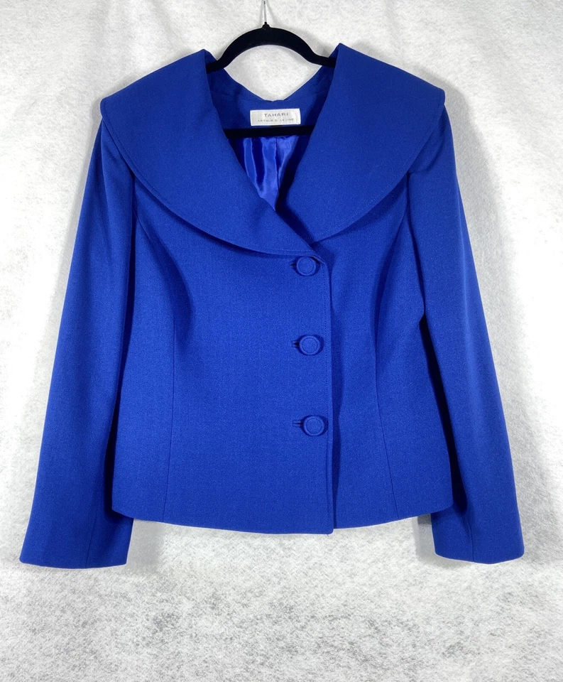 Traje Falda Tahari Asl 2 Piezas Mujer’s 16 Azul Blazer Doble Pecho Mangas Largas Foto 2 de 4
