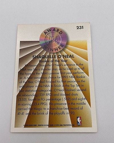 Shaquile O'Neal Fleer 93-94 NBA Award Winner card # 231 collectible sports card - Picture 2 of 6