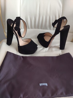 Prada Black Suede Platform Ankle Sandals Heels Shoes Buckle Sz 36