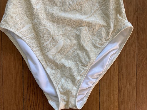 Neu mit Etikett Lauren Ralph Lauren eleganter goldweißer One-Shoulder-Badeanzug 10 203820 140 $ - Bild 4 von 8