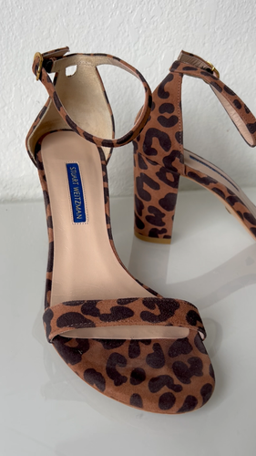 Stuart Weitzman NearlyNude Suede Sandal Ankle Block Heel Cheetah Brown Size 8 - Video 1 of 1
