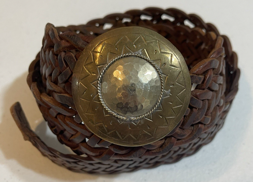 Moroccan Handcrafted Brown Woven Leather Belt Metal Medallion Buckle Boho Hippie