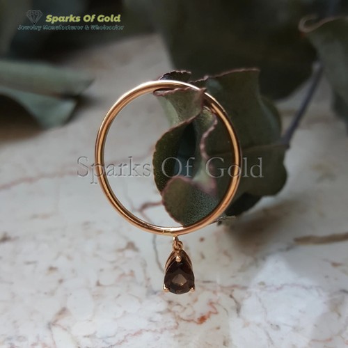 Smokey Quartz Dangling Charm Ring 14k Solid Gold Minimalist Jewelry Gift For Mom - Picture 6 of 6