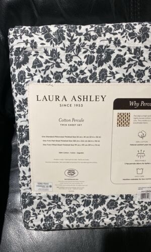Laura Ashley schwarz weiß Blumenmuster 100 % Baumwolle Perkal ZWEI Blatt Set 3-teilig - Bild 8 von 9