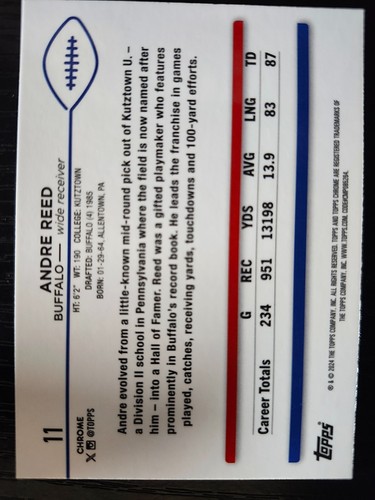 2024 Topps Chrome Andre Reed Pink Refractor /399 #11 Bills HOF!! - Picture 2 of 2