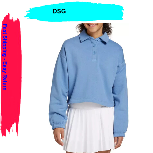 DSG Girls' Henley Fleece Sweatshirt, Basin Blue, XS - Picture 1 of 3