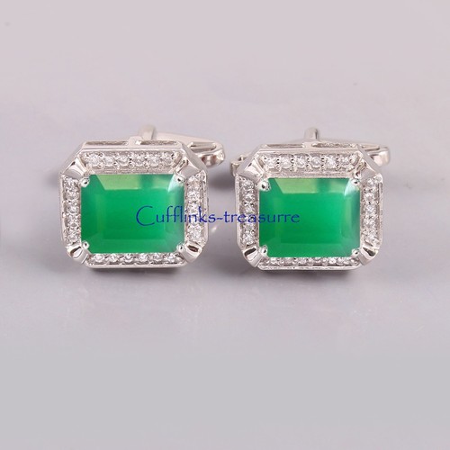 Natural Green Onyx Gemstones with 925 Sterling Silver Cufflinks For Men's #903 - Picture 7 of 7