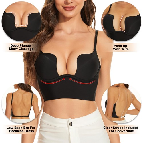 Women Push Up Bra Backless Low Cut Sexy U Plunge Brassiere Invisible Underwear - Picture 3 of 17