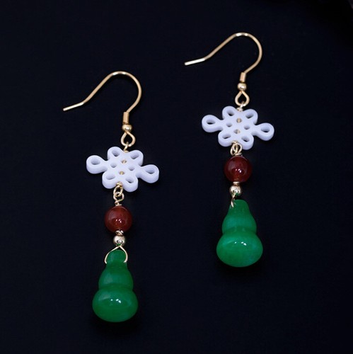 I04 Orecchini Argento 925 Dorato Con Giada E Sfera Di Rosso Agata - Foto 2 di 9