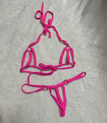 Neon pink tie harness bra & thong with hardware detail set size small - Picture 3 of 6