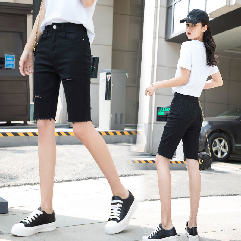 Women Slim Fit Denim Bermuda Shorts Tight Ripped Elastic