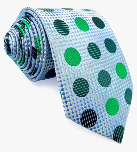 Mens Green Silver Blue Polka Dot Tie & Pocket Square Combo With Cuff links - Picture 2 of 5