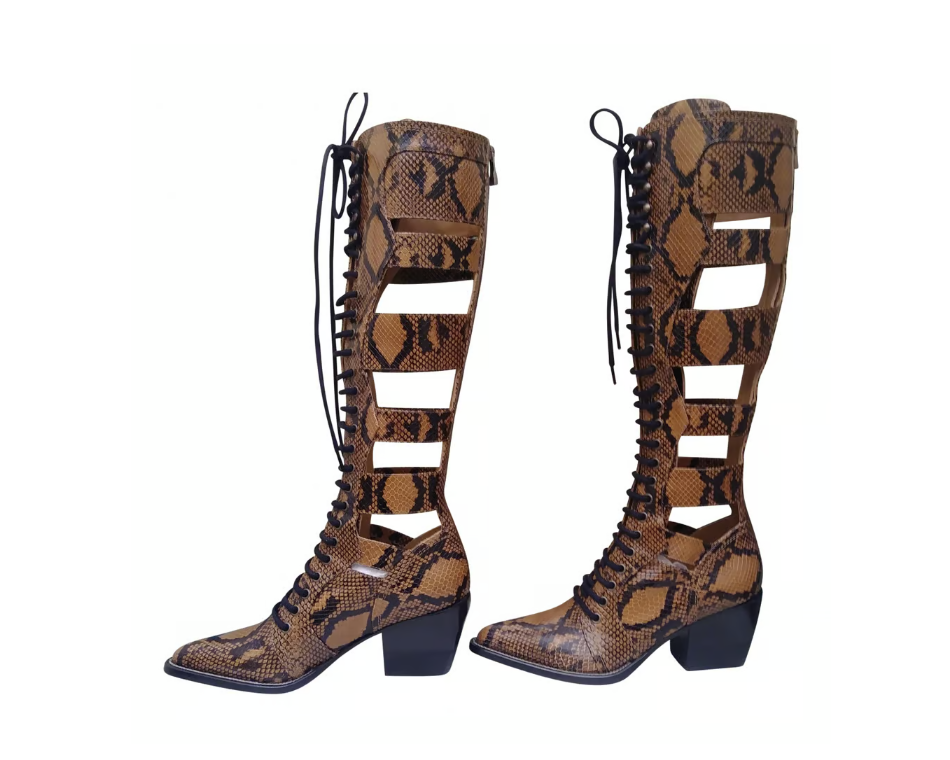 Chloe Brown Python Cut Out Lace Up Boots EU