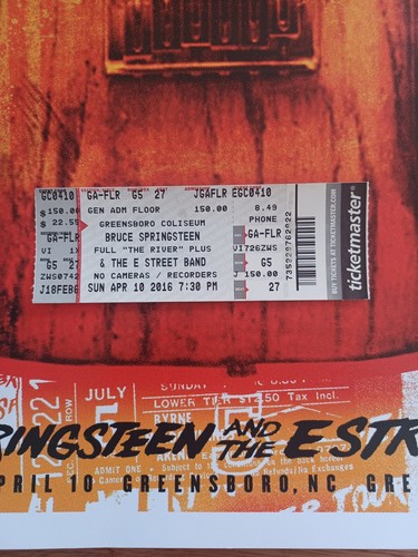 Bruce Springsteen 2016 Limited Numbered Tour Poster Greensboro Apr.10 c/w Ticket - Picture 3 of 3