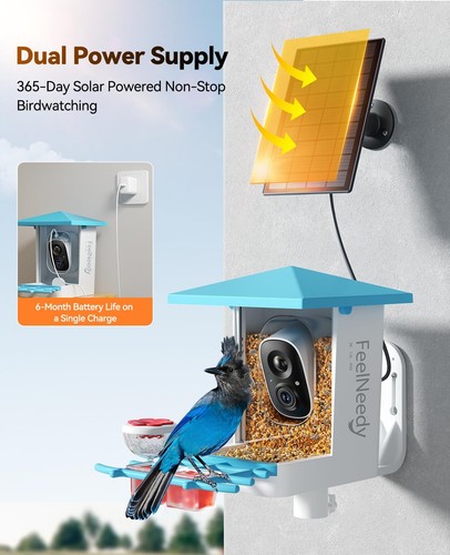 FEELNEEDY Smart Bird Feeder with Camera,Solar-Powered 2K HD Bird Watching - Picture 6 of 9