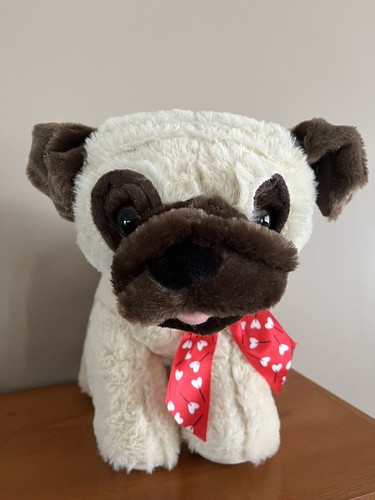 Hug Fun Puppy Love Pug Plush Dog Heart Bow Stuffed Animal Toy Cream Brown ❤️ - Picture 5 of 7