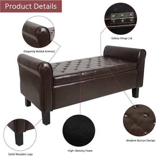 51" Upholstered Storage Ottoman End of Bed Bench Foot Rest with Rolled Arms - Picture 47 of 49