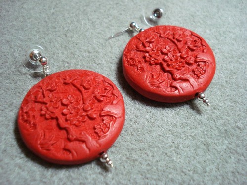 Cherry Blossom Red Cinnabar Pendant on SP 20" Necklace & 2" Drop Post Earrings - Picture 6 of 11