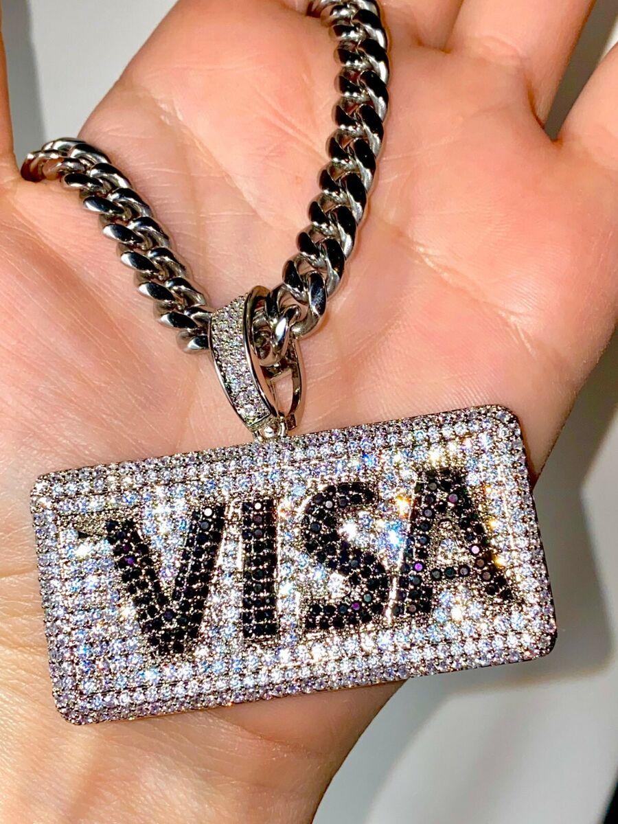 Master Credit Card Visa 14k Mens Silver Iced Pendant Charm 6mm Miami Cuban Chain