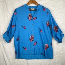 KINDRED Anthropologie Blouse Womens 1X  Blue Embroidered Floral Button Up
