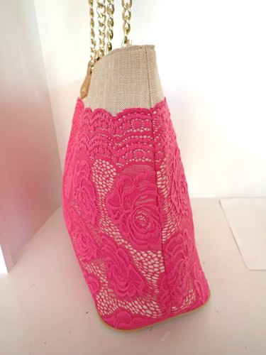 Large Betsey Johnson Tote Bag Purse Pink Floral Lace Over Burlap NWOT + Wallet - Picture 5 of 11