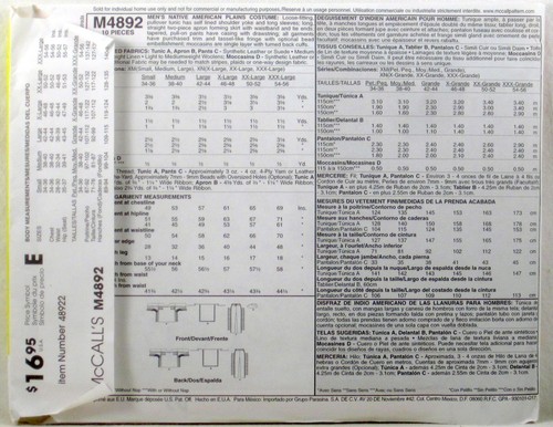McCALL'S PATTERN M4892 UNCUT COSTUME Men's Native American Plains SIZE: XL-3XL - Picture 2 of 2