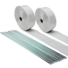 WHITE MOTORCYCLE PIPE HEADER EXHAUST WRAP KIT STAINLESS TIES 2 ROLLS 2"X 25 FEET