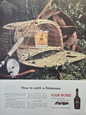 Four Roses Whisky Cold Toddy Cocktail Trout Fishing Kit Vintage Print Ad 1945