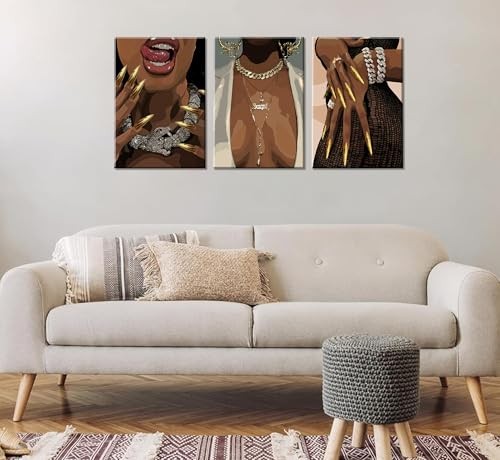 Arte de pared en lienzo de mujer afro negro africano 12L" x 16W" lienzo mujer 3 piezas - Imagen 5 de 6
