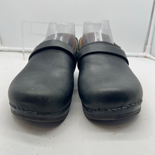 SVEN Clog Shoes Womens 38 US 7.5 Leather Wooden Heels Black Classic - Picture 5 of 10
