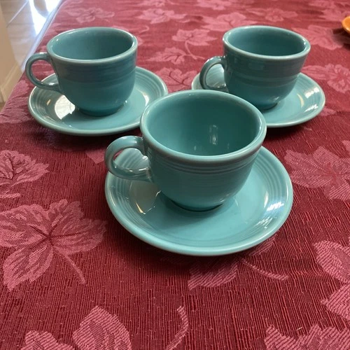 Set of 3 Fiesta Teal Teacup & Saucer Set Fiestaware Homer Laughlin
