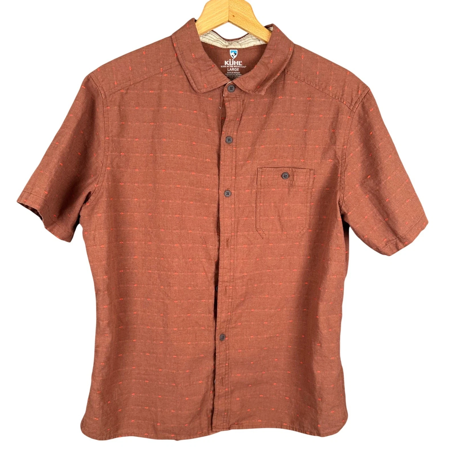 Kuhl Mens Large Rust Linen Blend Short Sleeve Button Down Shirt Textured Pattern