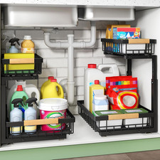 Pull Out Cabinet Organizer, 2 Tier under Sink Organizer, Slide Out Metal Kitchen