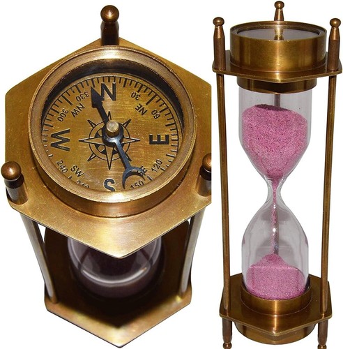 Brass Sand Timer Hourglass with Exquisite Marine Compass Accents - Picture 1 of 6