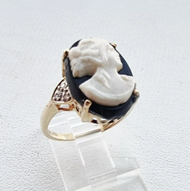 ANILLO ANTIGUO ORO AMARILLO 10K 17 x 11 mm CAMEO DIAMANTE ACENTO 3,1 GRAMOS TAMAÑO 6,5 Foto 4 de 4