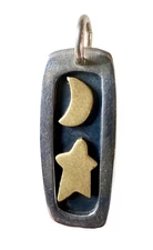 Vintage Far Fetched Sterling Silver And  Brass Moon & Star Pendant 1”