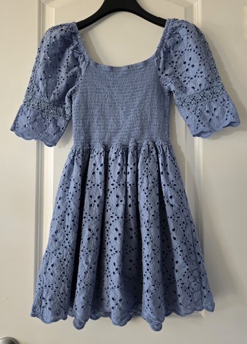 Betsey Johnson Smocked Eyelet Embroidered Blue Dress Women's Juniors Size Medium - Picture 4 of 10
