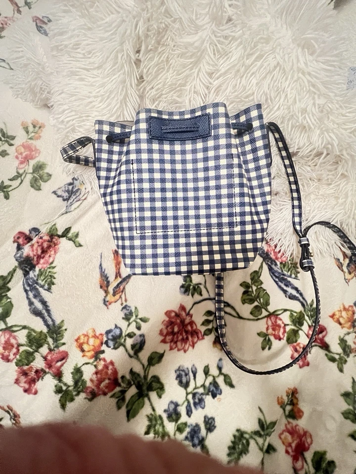 J Crew Blue and White Checkered Leather Crossbody Bucket Bag Purse - Image 3 of 4