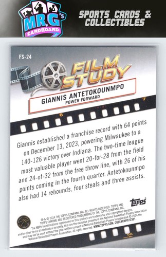 2023-24 Topps Chrome #FS-24 Film Study Refractor Blue Giannis Antetokounmpo - Picture 2 of 2