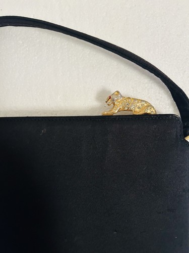 Vintage Meyers USA Black Cloth Handbag with Rhinestone Metal Leopard Clasp - Picture 2 of 3