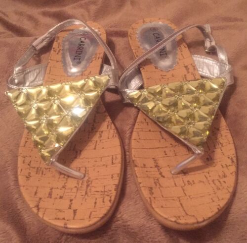 Flache Carrini-Damensandalen hellbraun/silber & gold Größe 8M