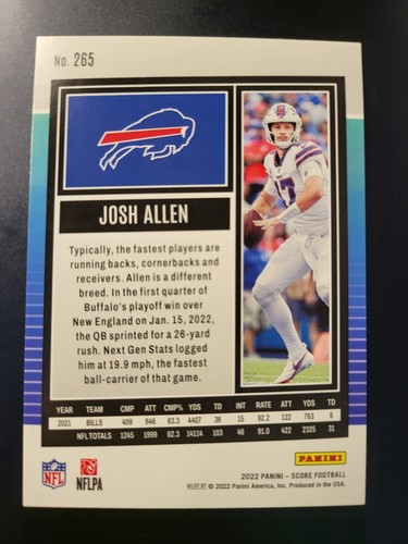 Tarjeta 2022 Score Josh Allen Gold Zone #265 - Imagen 2 de 2