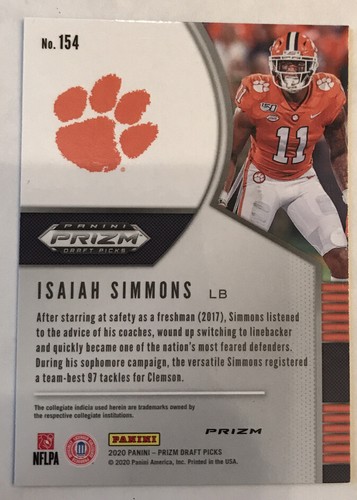 2020 Prizm Draft Picks ISAIAH SIMMONS Green Refractor RC #154 CLEMSON Cardinals - Picture 2 of 2