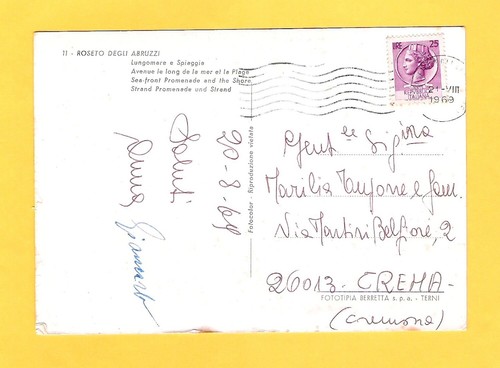 Cartolina Roseto degli Abruzzi lungomare e spiaggia viaggiata 1969 - Afbeelding 2 van 2