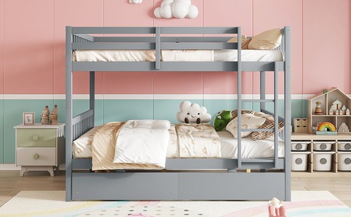 full Over full Rubber Wood Bunk Bed with 2 Drawers, Convertible into 2 full Beds - Picture 9 of 12