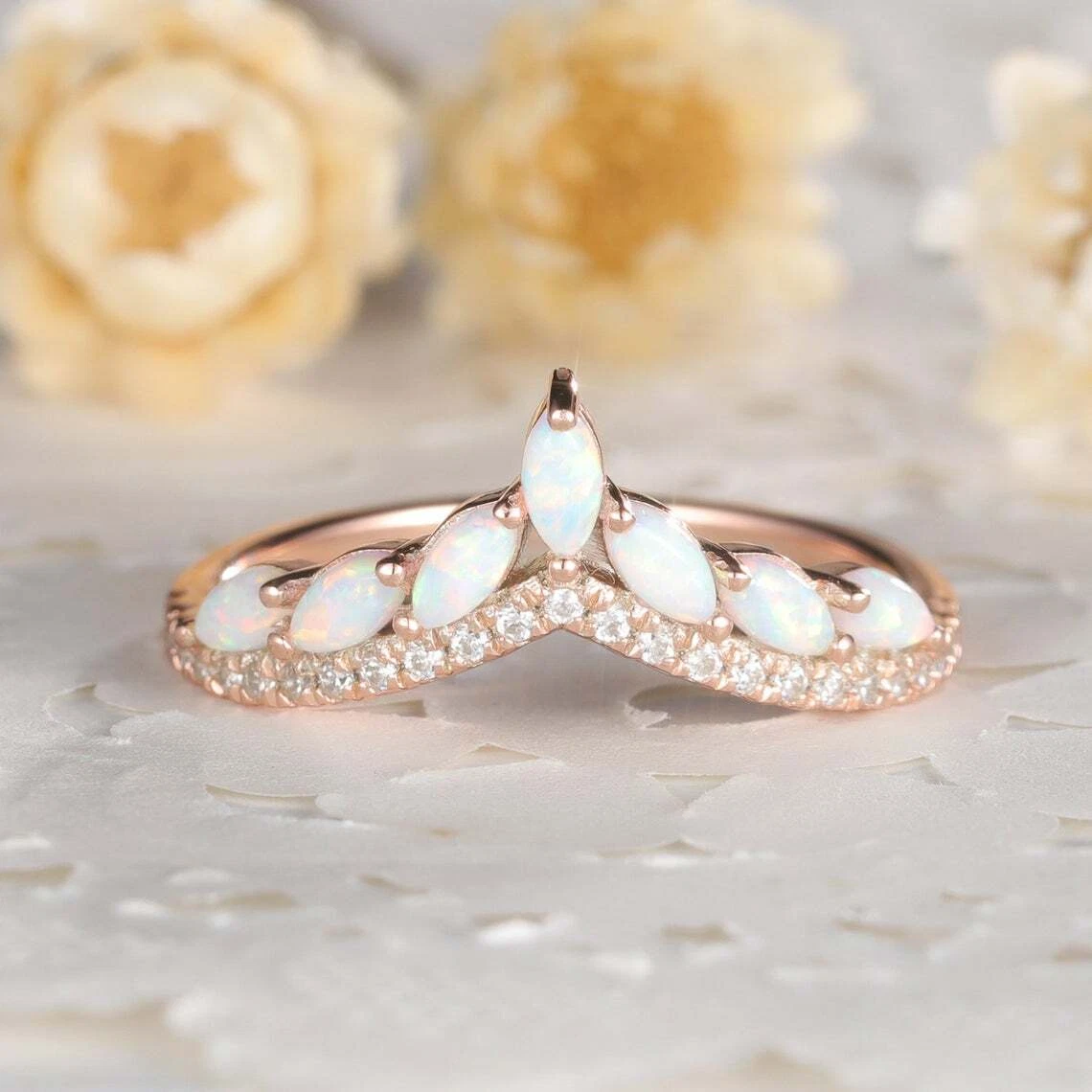 Curved Opal Diamond Rose Gold Ring Opal Wedding Band Chevron Engagement Ring