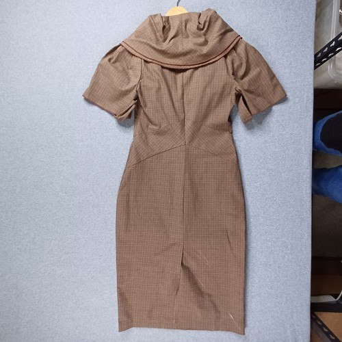 Cue Dress Women 12 Brown Pencil Check 50s 60s Silhouette Retro Cape Heavy Weight - Picture 11 of 16